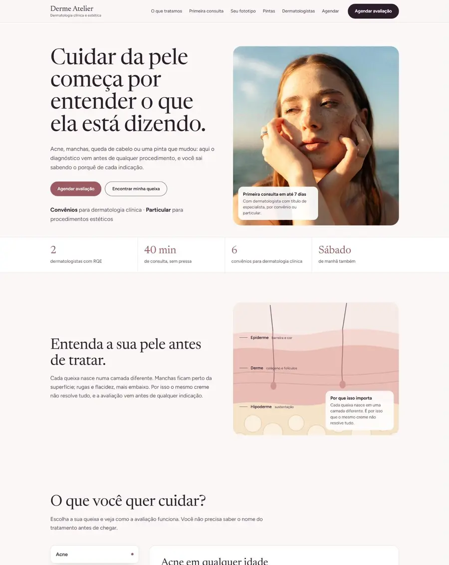 Página do modelo Derme Atelier, site de dermatologia criado pela MW