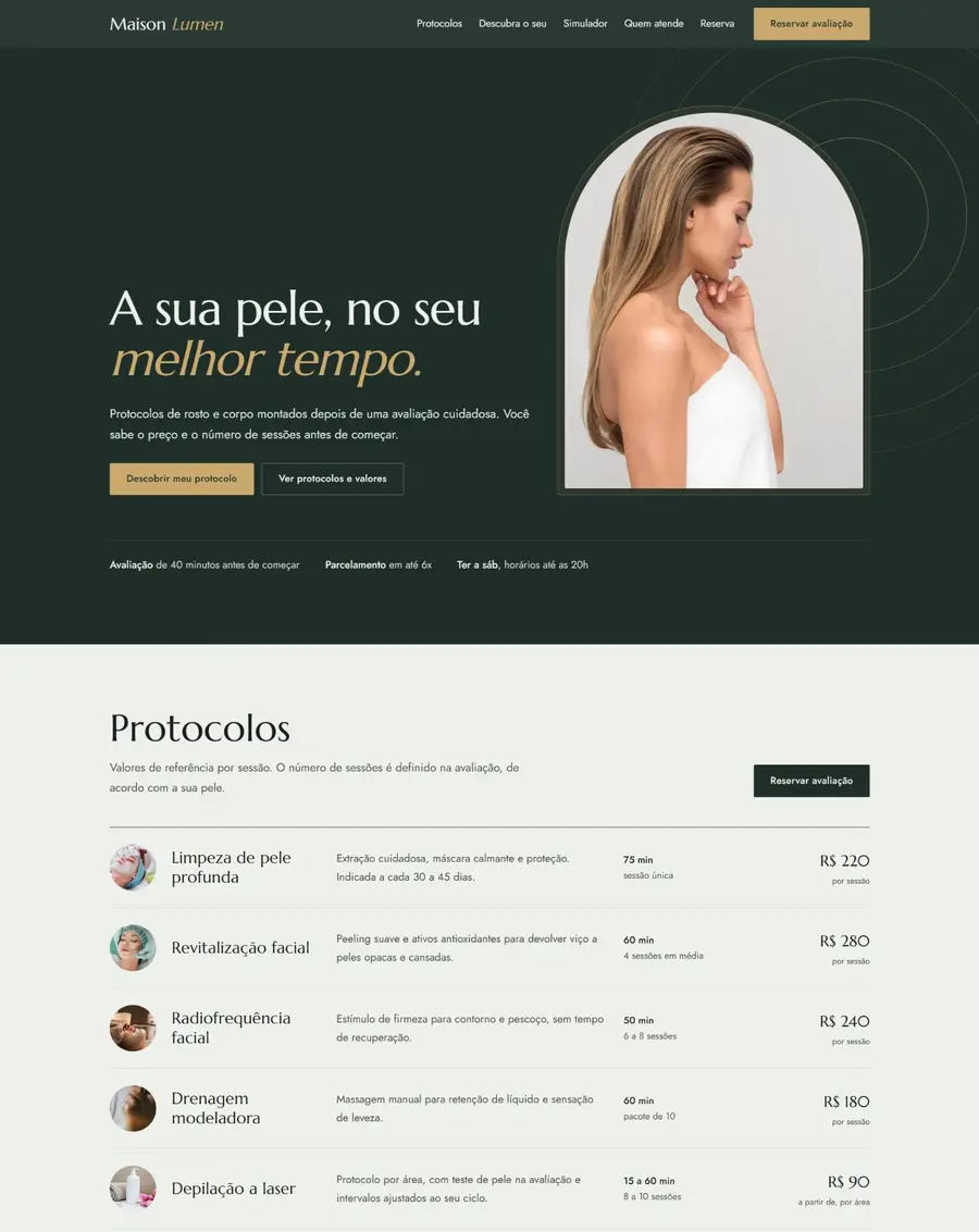Página do modelo Maison Lumen, site de estética criado pela MW