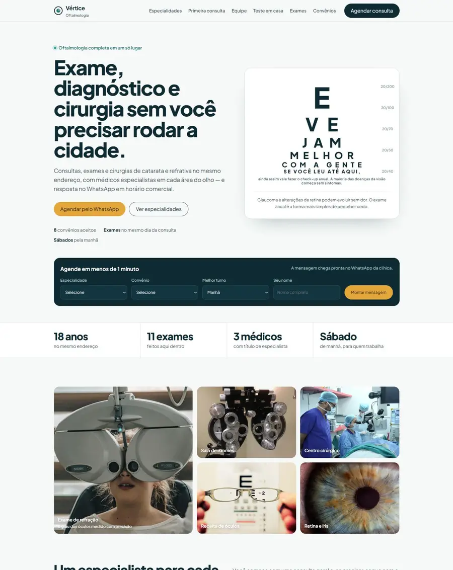 Página do modelo Vértice Oftalmologia, site de oftalmologia criado pela MW